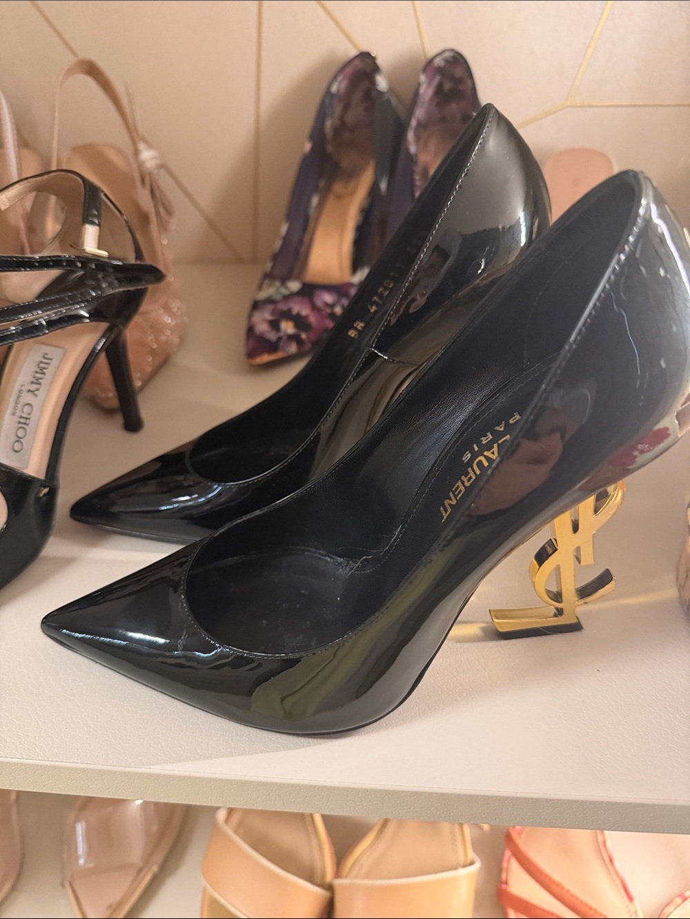 Saint Laurent Black Patent Pumps with Gold YSL Logo Heel